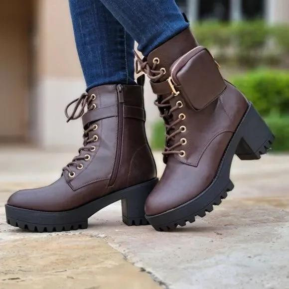 Brown Women’s Lace Up Heeled Ankle Boots Lug Sole Detachable Pouch - Picture 6 of 6